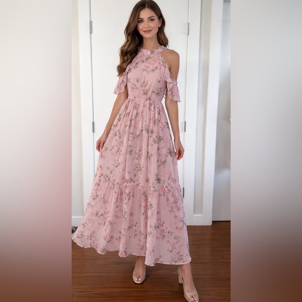 Blush Pink Floral Ruffle Maxi Dress